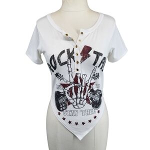 Minette Rock Star White Graphic T-Shirt Short Sleeve Asymetrical Crop Top Size S